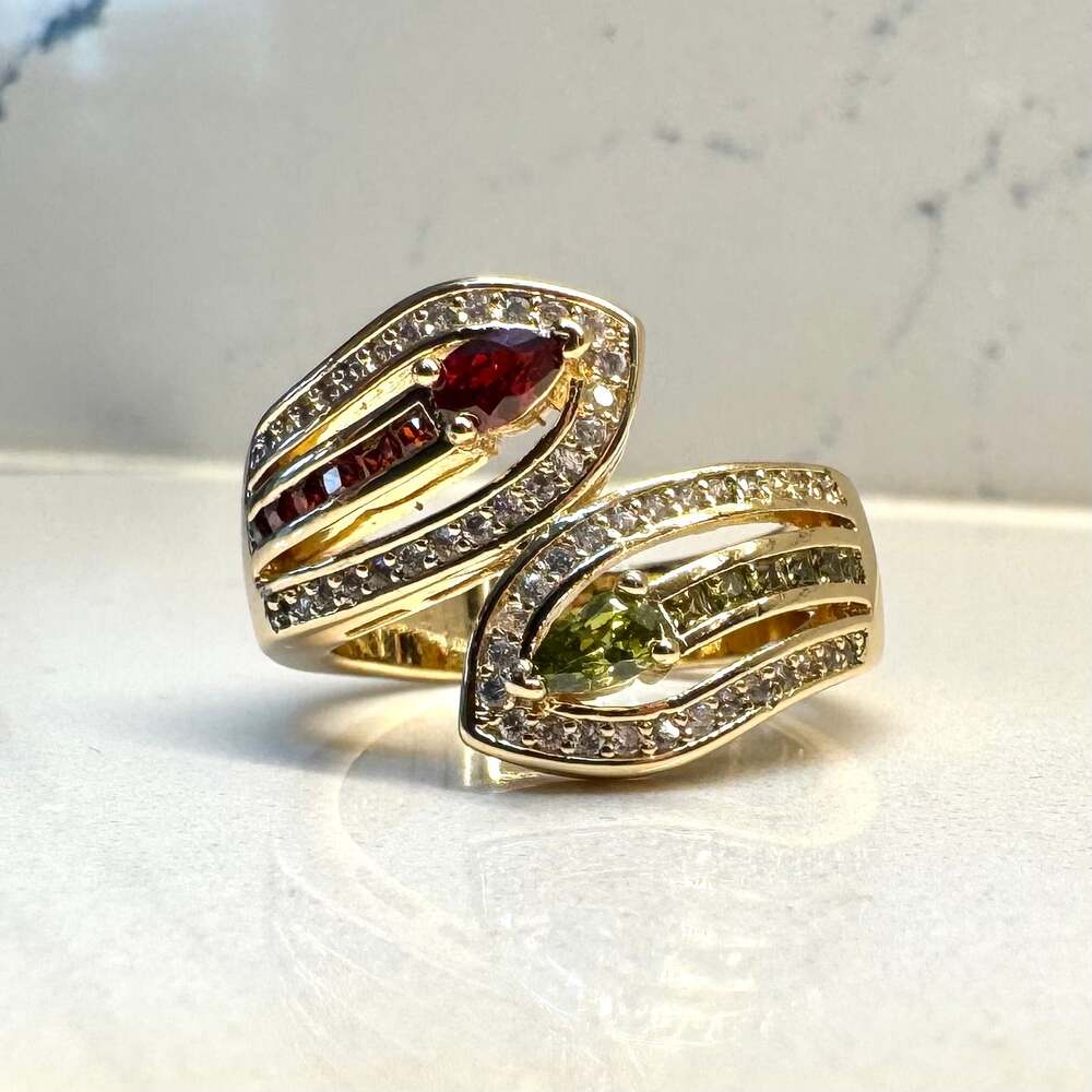 S925 Gold Tone Red & Green Crystal Bypass Statement Ring Size 9 NWOT